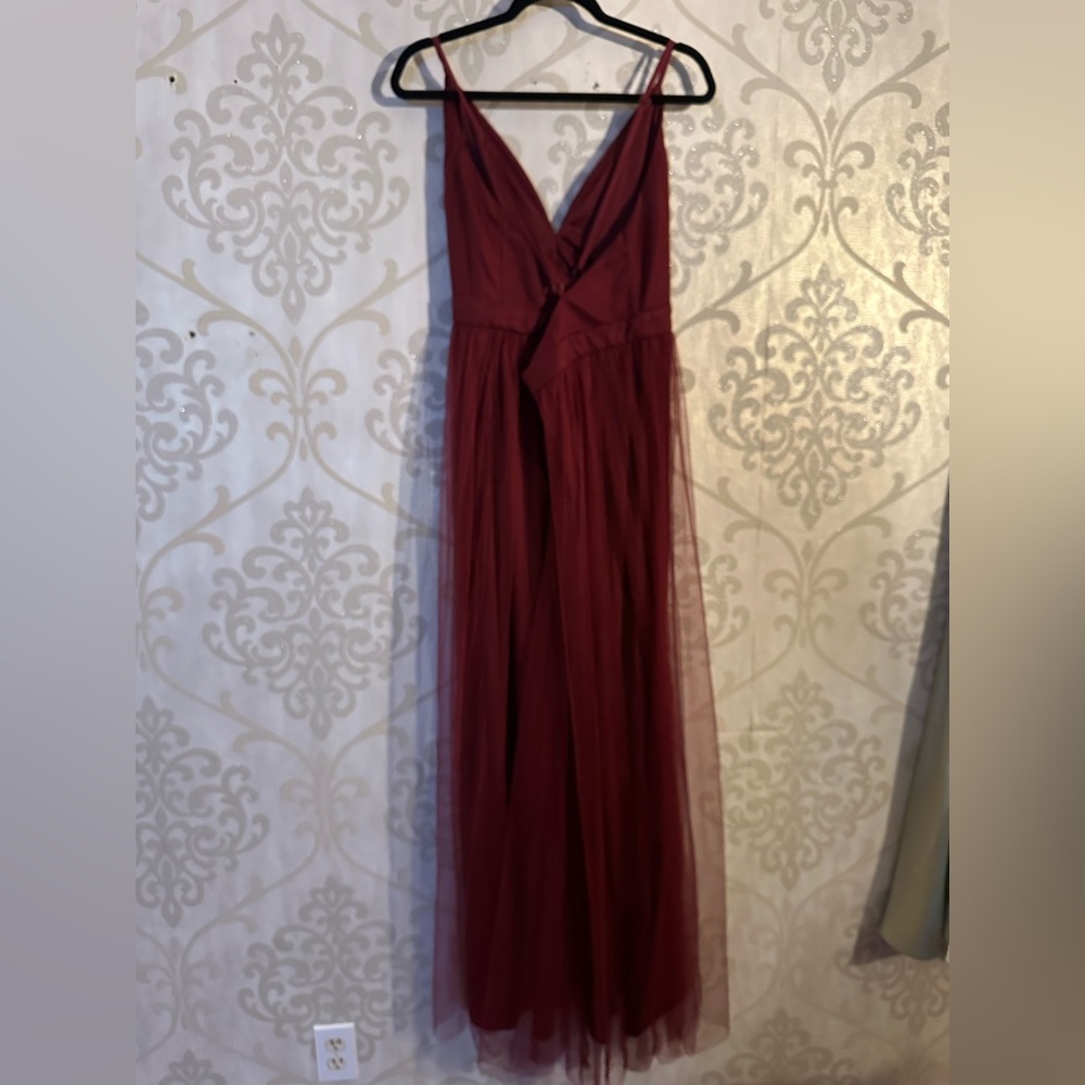 Lulu's Burgundy Rare Beauty Burgundy Tulle Backless Maxi Dress 1X - Picture 8 of 14